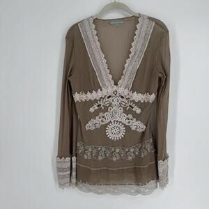 Vintage y2k 90s top XL brown lace beaded sheer renaissance festival prairie